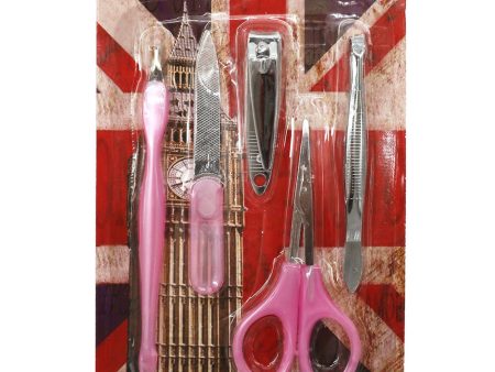 5 Piece Manicure Set Pink - Nail Care Kit with Clippers, Scissors, File, and Tweezers For Sale