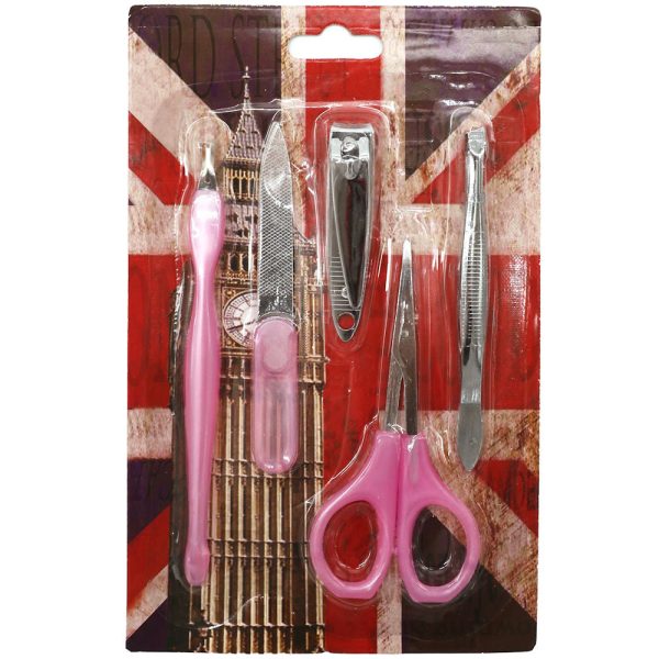 5 Piece Manicure Set Pink - Nail Care Kit with Clippers, Scissors, File, and Tweezers For Sale